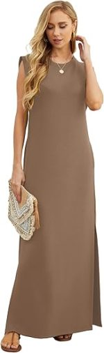 GRECERELLE 2025 Women Year-Round Casual Round Neck Loose Split Wrinkle-Free Long Maxi Vacation Dress with Pockets (XS-3XL) - Image 3