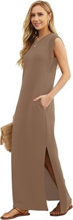 GRECERELLE 2025 Women Year-Round Casual Round Neck Loose Split Wrinkle-Free Long Maxi Vacation Dress with Pockets (XS-3XL) - Image 2