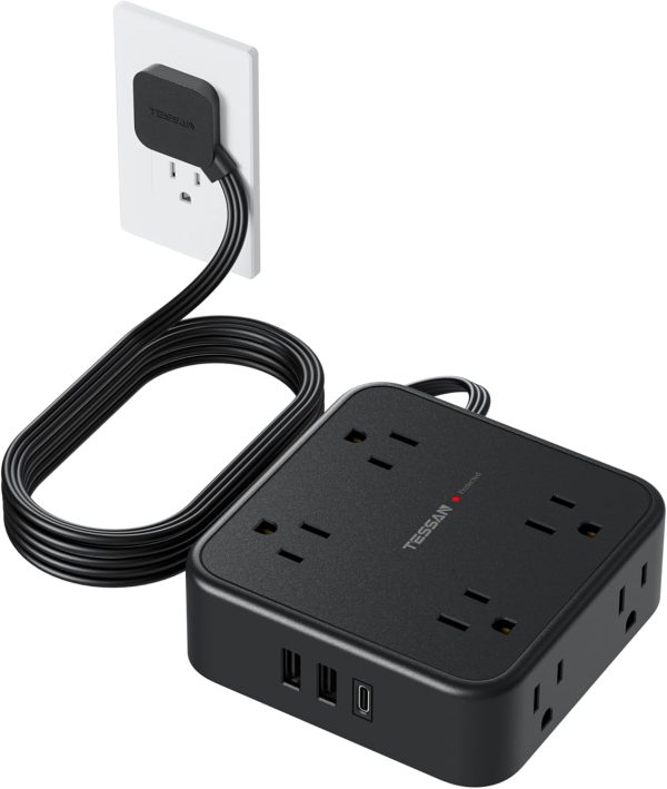 Surge Protector Flat Plug Power Strip, TESSAN Black Extension Cord, 8 AC Outlets, 3 USB Charger(1 USB C Port) 3 Side Outlet Extender, 5 Ft, 900 Joules Protection, Office Supplies, Dorm Essentials - Image 1
