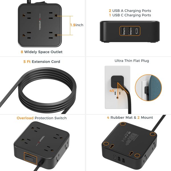 Surge Protector Flat Plug Power Strip, TESSAN Black Extension Cord, 8 AC Outlets, 3 USB Charger(1 USB C Port) 3 Side Outlet Extender, 5 Ft, 900 Joules Protection, Office Supplies, Dorm Essentials - Image 4