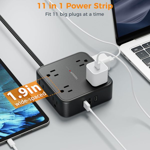 Surge Protector Flat Plug Power Strip, TESSAN Black Extension Cord, 8 AC Outlets, 3 USB Charger(1 USB C Port) 3 Side Outlet Extender, 5 Ft, 900 Joules Protection, Office Supplies, Dorm Essentials - Image 3