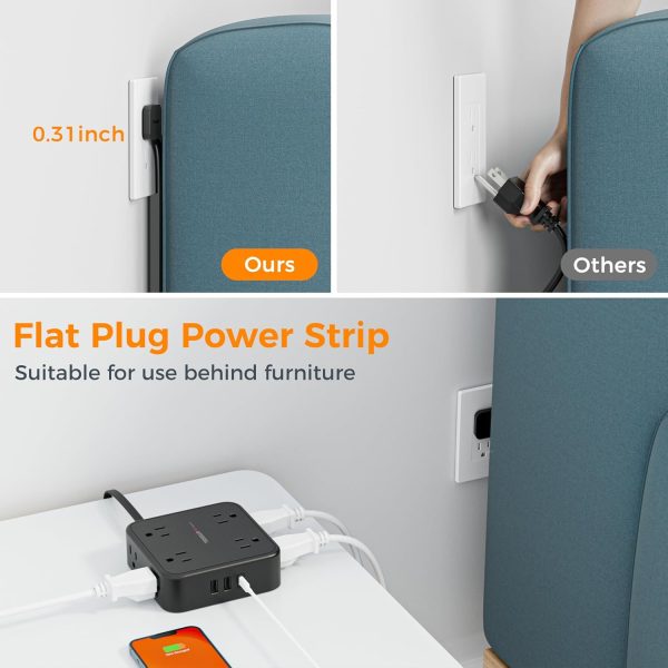 Surge Protector Flat Plug Power Strip, TESSAN Black Extension Cord, 8 AC Outlets, 3 USB Charger(1 USB C Port) 3 Side Outlet Extender, 5 Ft, 900 Joules Protection, Office Supplies, Dorm Essentials - Image 2