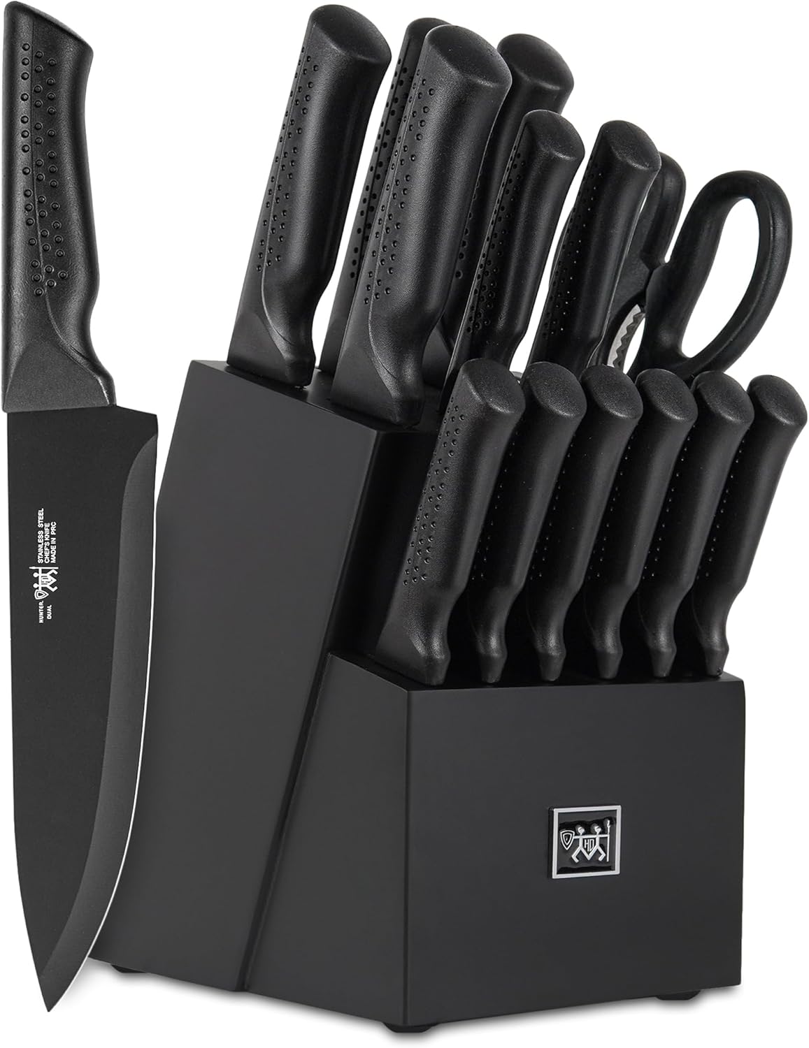 71S1DId6ftL._AC_SL1500_.jpg Knife Set, 15 Pcs Kitchen Knife Set with Block Self Sharpening, Dishwasher Safe, 6 Steak Knives, Anti-slip handle, Black - Image 1