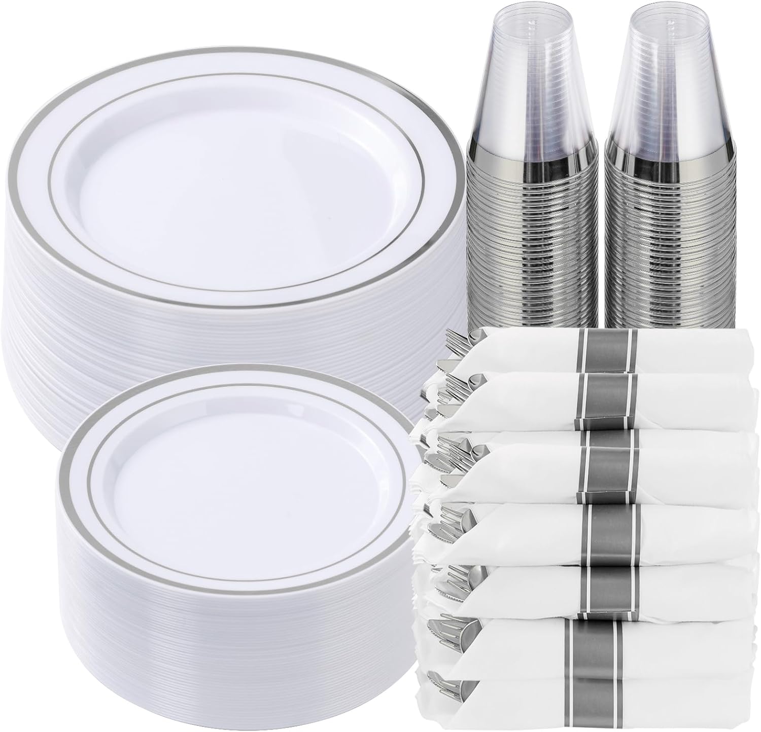 71oUlbrRVSL._AC_SL1500_.jpg Goodluck 350 Piece Silver Plastic Dinnerware Set for 50 Guests, Fancy Disposable Plates for Party, Include: 50 Dinner Plates, 50 Dessert Plates, 50 Pre Rolled Napkins with Silver Silverware, 50 Cups - Image 1