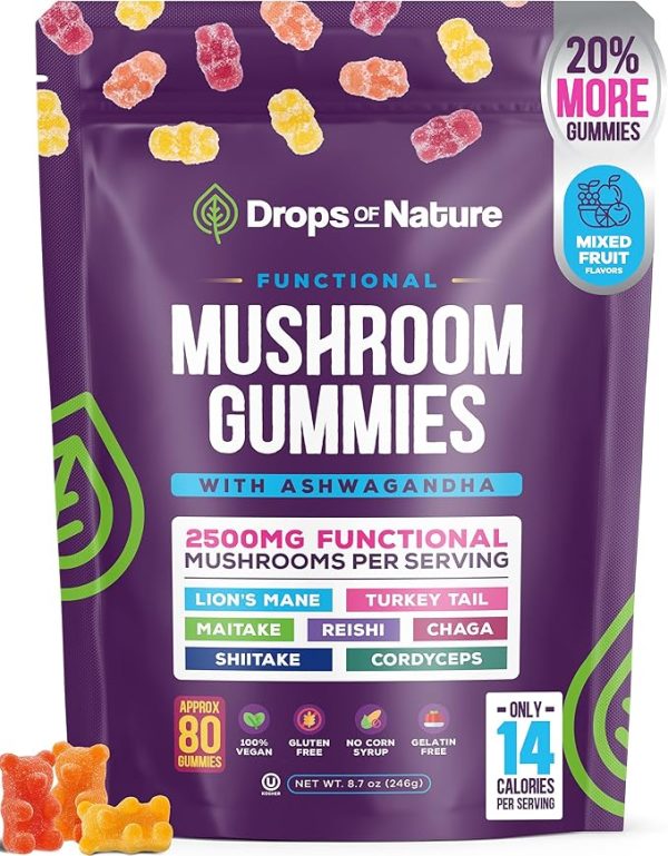 Ashwagandha Gummies and Lions Mane Mushroom Gummies Supplement - Organic - Reishi, Cordyceps, Turkey Tail, Maitake, Shitake, Chaga - Immune Defense, Boosts Cognitive Performance, Vegan, Low Carb - Image 1