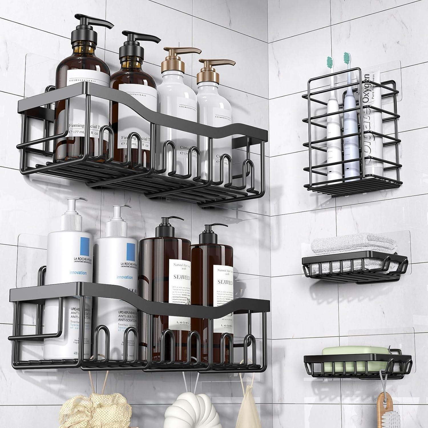 81S6FPdEHWL._AC_SL1500_.jpg Adhesive Shower Caddy, 5 Pack Rustproof Stainless Steel Bath Organizers With Large Capacity, No Drilling Shelves for Bathroom Storage & Home Decor-XL Size - Image 1