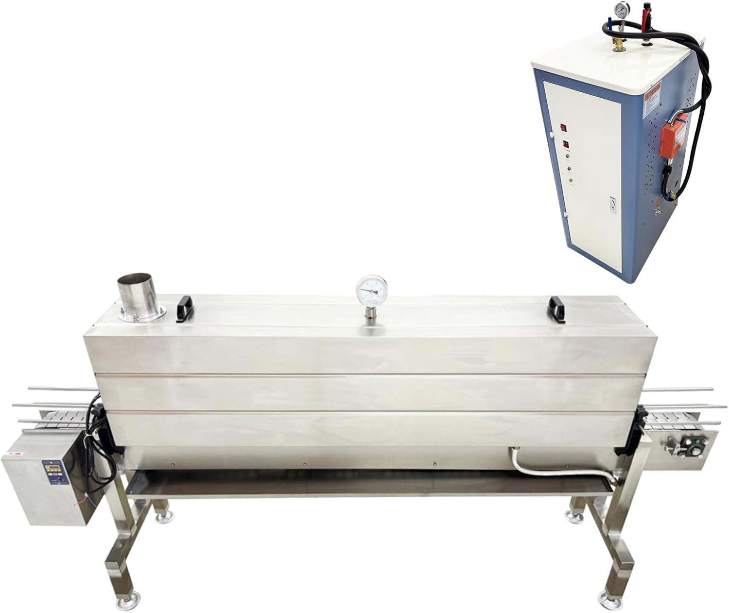61iOV5MS93L._AC_SL1500_.jpg Professional Steam Shrink Label Sealing Machine 5.6FT/1.7m Tunnel, 24KW Generator, 3000-10000 Bottles/H for PVC/PP/POF/PET Films, Stainless Steel, for Beverage/Daily Necessities Bottles 220V - Image 1