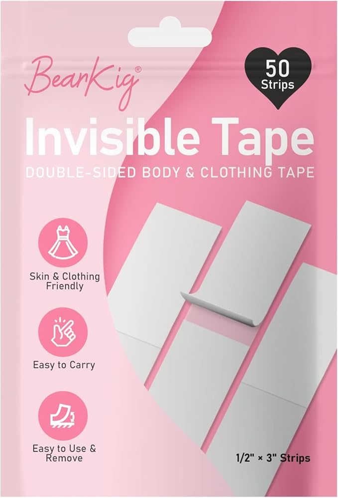 61pJwDJUccL._AC_SX679_.jpg BearKig 50-Strips Double-Sided Tape for Fashion, Tape for Clothes, Fabric Tape for Women Clothing and Body, All Day Strength Tape Adhesive, Invisible and Clear Tape for Sensitive Skins - Image 1