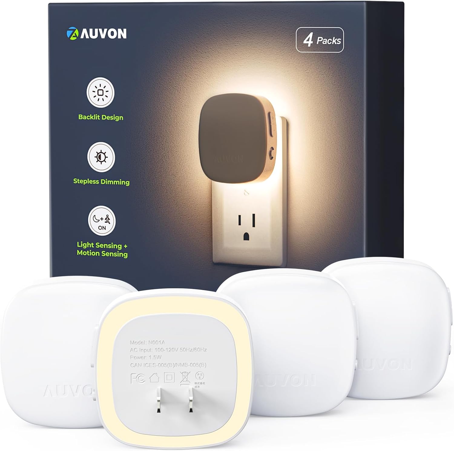 61pYZefMs-L._AC_SL1500_.jpg AUVON Plug-in LED Backlit Night Light with Motion Sensor & Dusk to Dawn Sensor, Dimmable Warm White Nightlight with 1-50 lm Adjustable Brightness for Bedroom, Bathroom, Stairs, Hallway (4 Pack) - Image 1