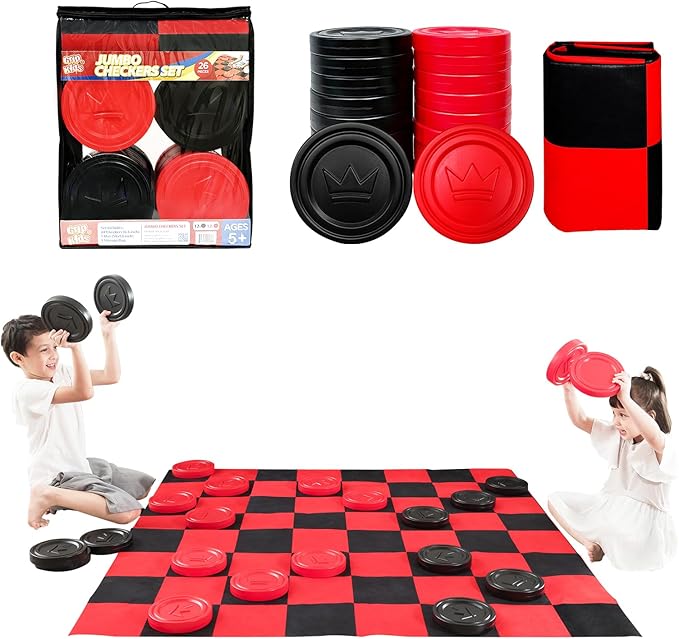 71d6VXTZ78L._AC_SX679_.jpg Jumbo Checkers Set with Storage Bag - 58 inch mat - Outdoor & Indoor Play Toys, Backyard Board Games, Family Party, Birthday for Toddlers Ages 5 6 7 8 Year Old - Amazon Exclusive - Image 1