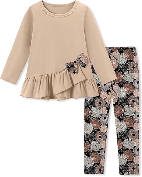 815qx-EskL._AC_SX466_.jpg Toddler Girl Clothes 18M-8T Girls Fall Winter Outfit, Long Sleeve Ruffle Bowknot Top + Floral Pants 2Pcs Clothing Set - Image 1