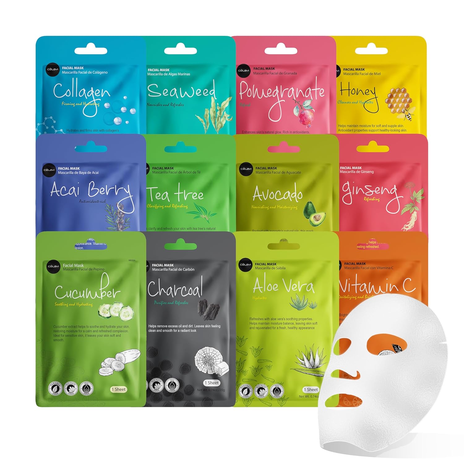 81QJcYtIDiL._SL1500_.jpg Celavi Essence Facial Sheet Face Mask Variety Set Classic Authentic Korean Moisturizing Skincare (12-Packs) - Image 1