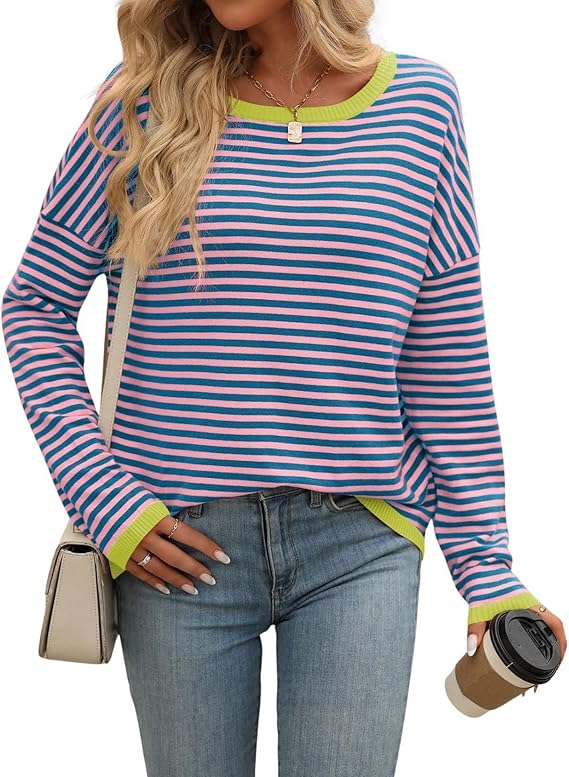 81jsZNyl3qL._AC_SX569_.jpg Women's Pullover Sweater - Loose-Fitting Striped Warm Top Fall Winter Casual Wear for Vacations Daily Use - Image 1