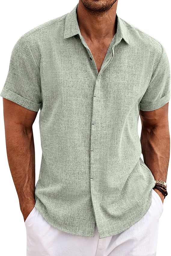 81oQBvBR-L._AC_SX569_.jpg COOFANDY Men's Linen Shirts Short Sleeve Casual Shirts Button Down Shirt for Men Beach Summer Wedding Shirt - Image 1